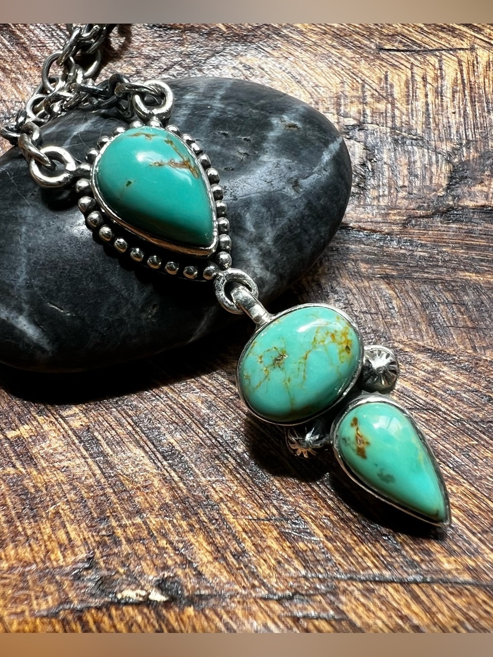 Kingman Turquoise Drop Necklace Sterling Silver 3 Stone Pendant | Southwestern - Picture 7 of 14